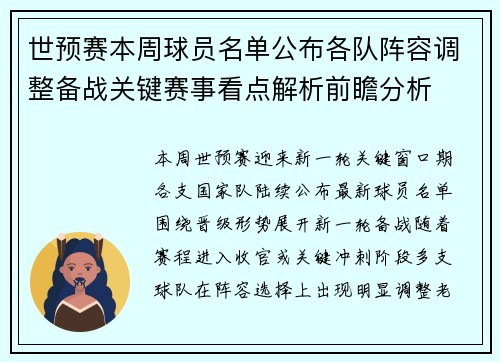 世预赛本周球员名单公布各队阵容调整备战关键赛事看点解析前瞻分析